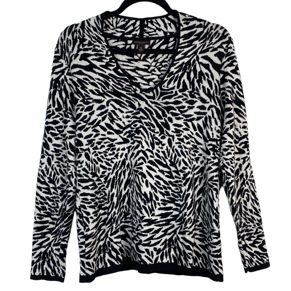 DANA Buchman Women’s Black White 100% Cotton Zebra Print V-Neck Sweater, Size M